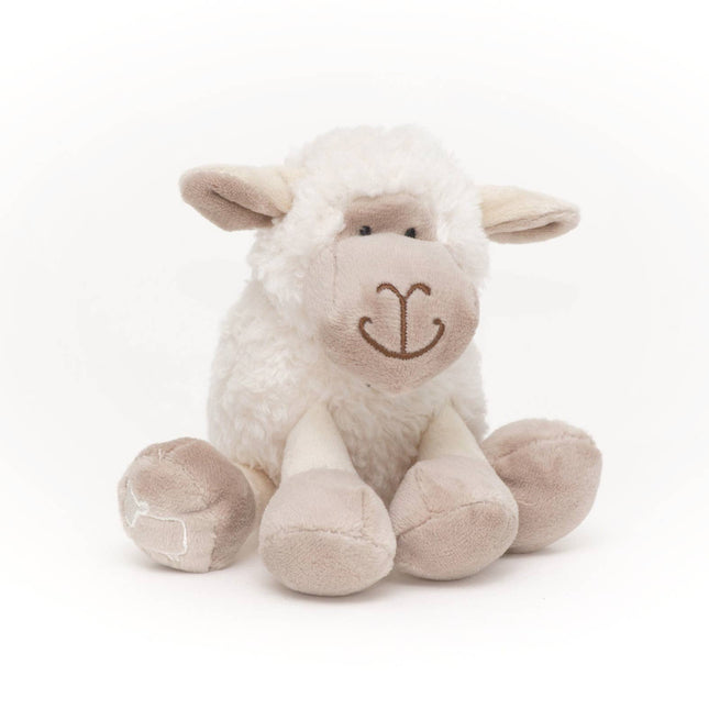 mini sheep soft toy made of very soft white plush fur with beige hooves, and face in soft plush