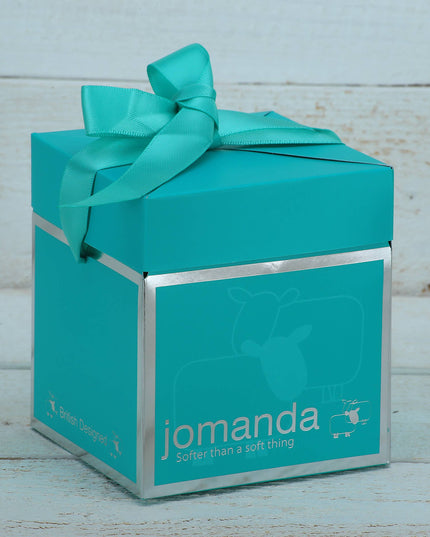 an aqua coloured luxury gift box with silver jomanda branding
