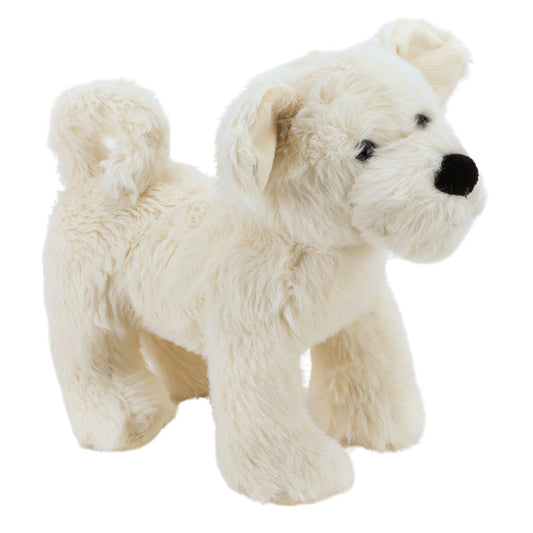 An adorably cute fluffy cream coloured puppy dog from Jomanda toys with black nose and eyes