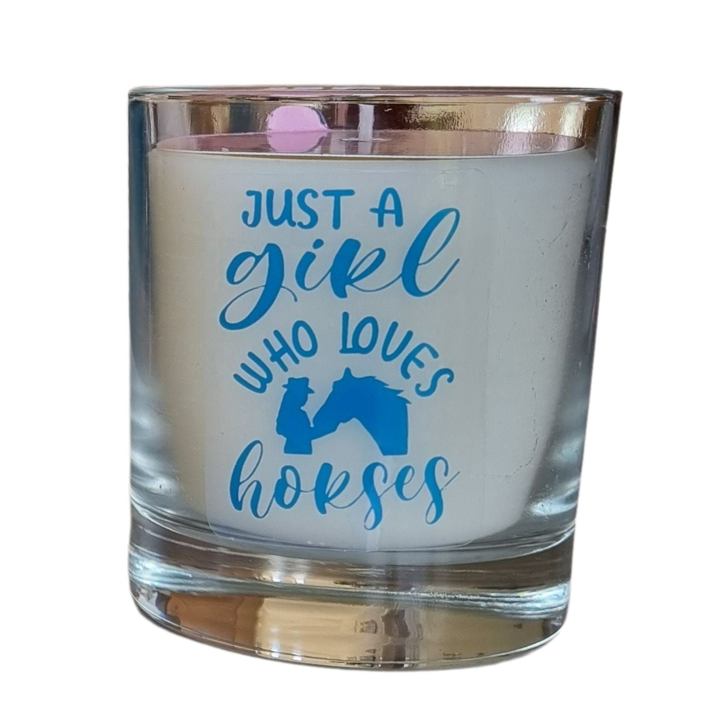 Scented Candle in Glass Container with just a Girl Who Loves Horses Design