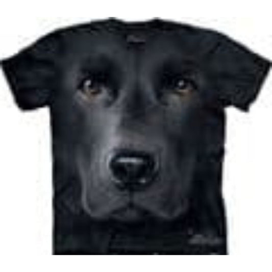 dark grey almost black short sleeved round neck t shirt with a large face of a black labrador dog looking towards you