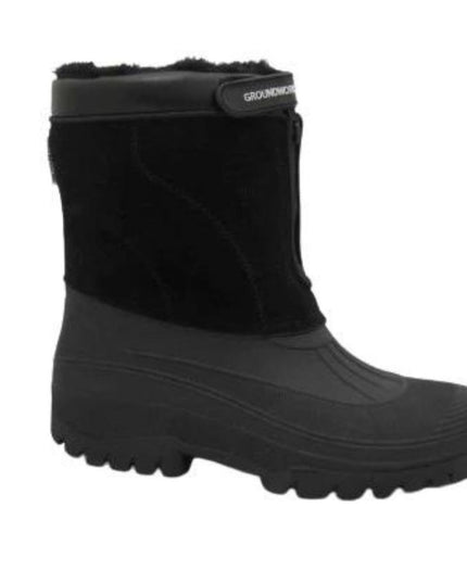 The side view of a mid calf length groundwork yard, equestrian dog walking boot with waterproof synthetic lower and water resistant synthetic suede upper