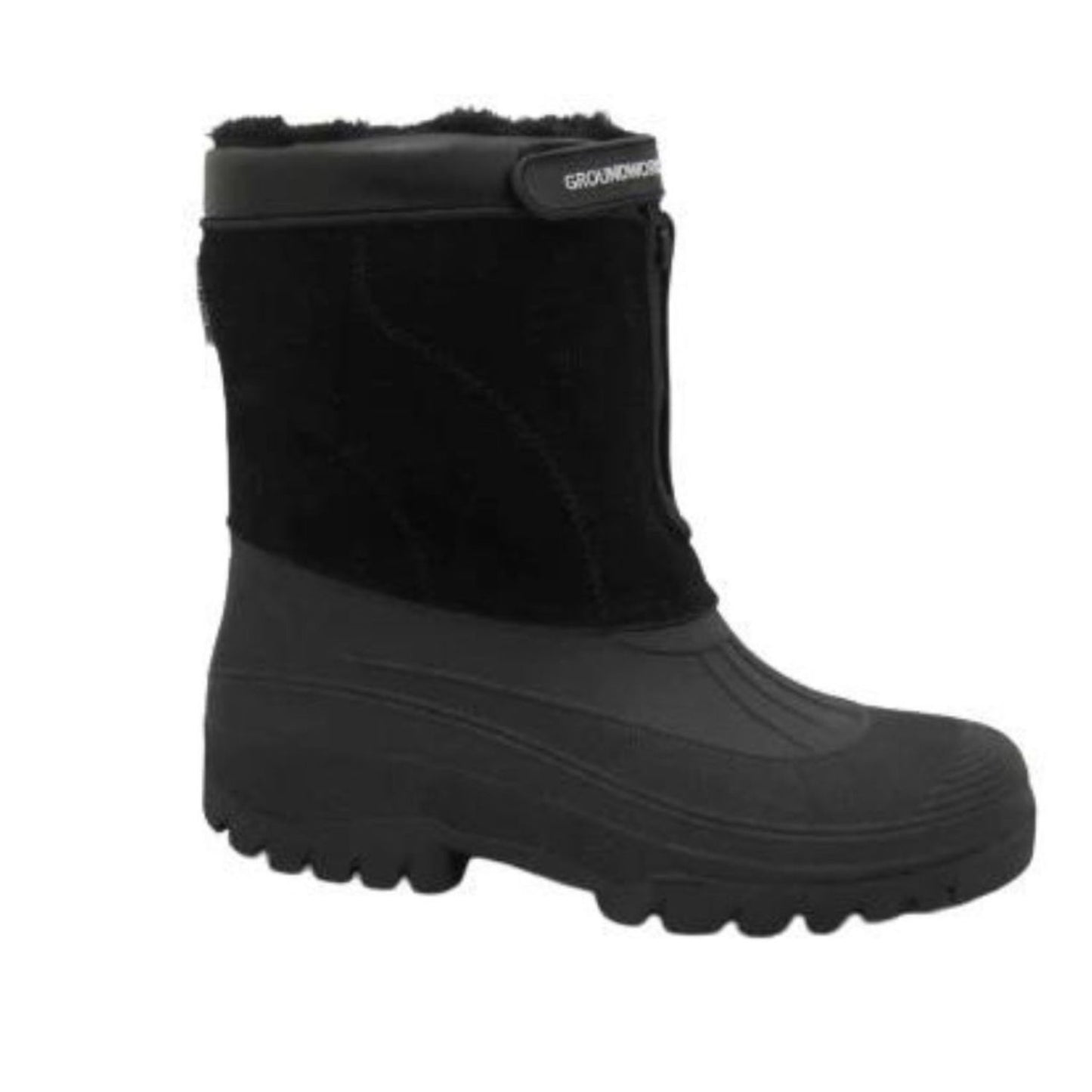 The side view of a mid calf length groundwork yard, equestrian dog walking boot with waterproof synthetic lower and water resistant synthetic suede upper
