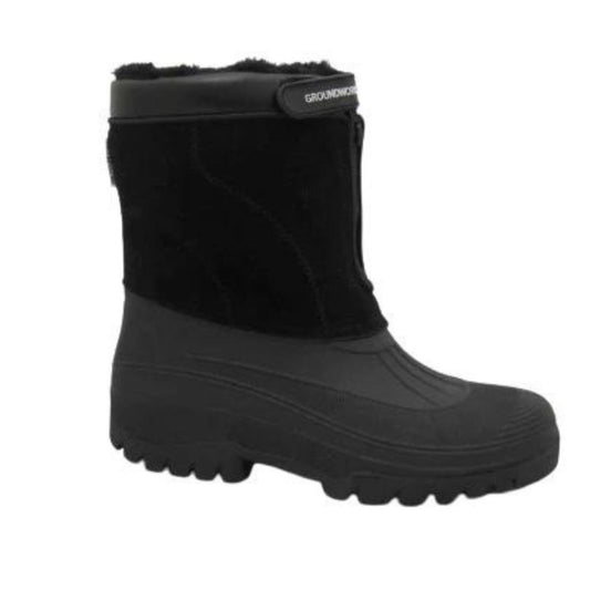 The side view of a mid calf length groundwork yard, equestrian dog walking boot with waterproof synthetic lower and water resistant synthetic suede upper
