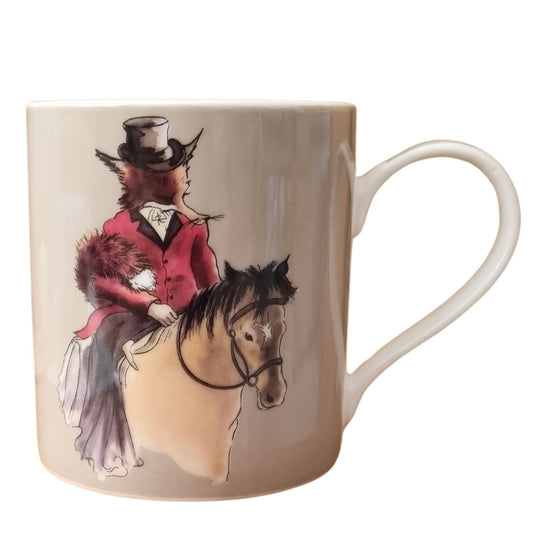 a mug with lady fox design in traditional hunting dress riding a pony