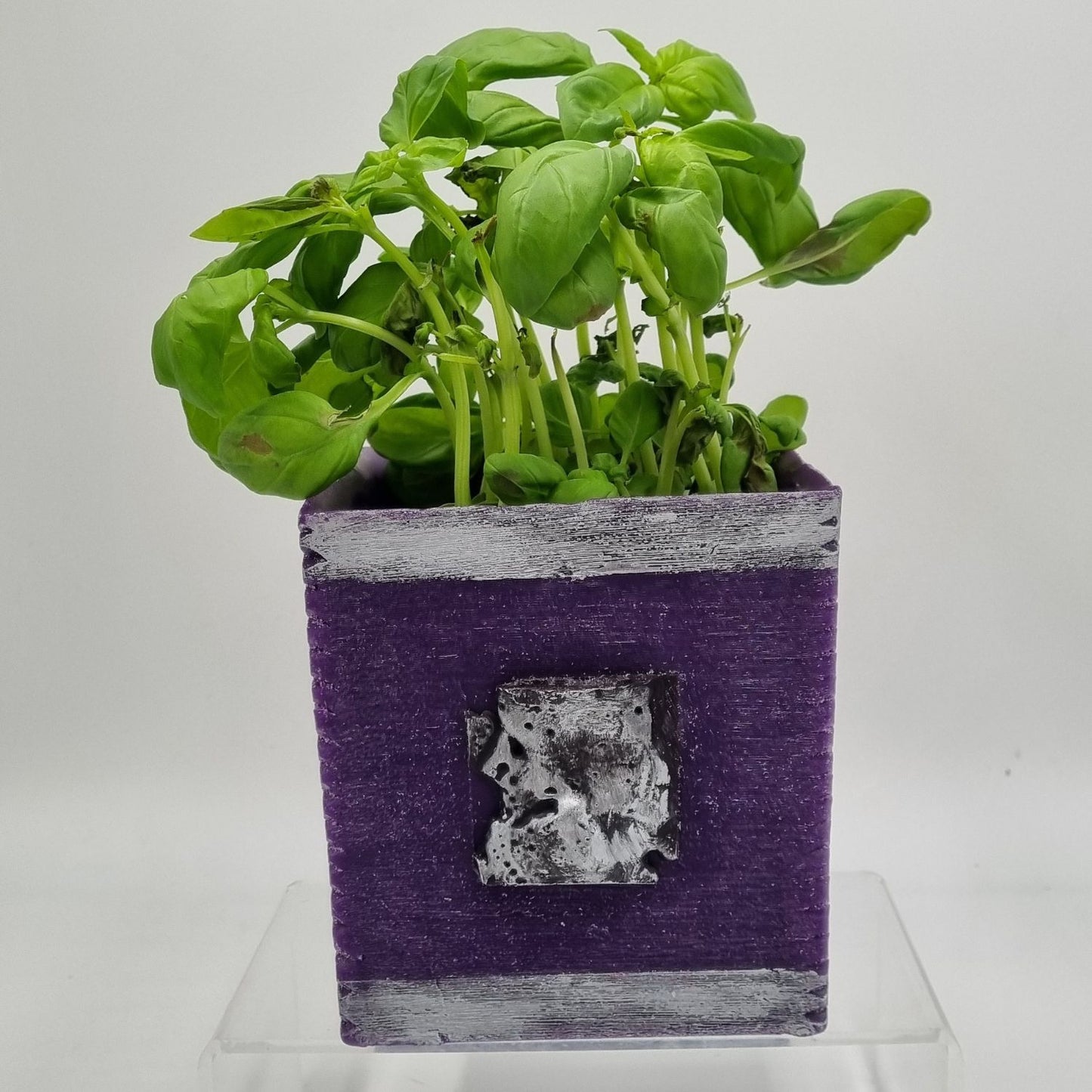 Plant Pot Holder Square Purple Wax With Antique Silver Decoration