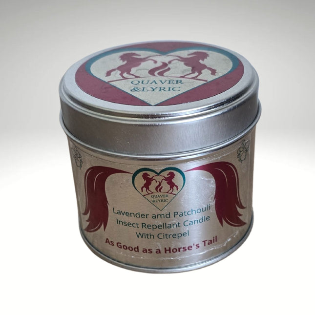 A silver tin of Quaver&Lyric Insect Repellent Candle With Citrepel, in Lavender & Patchouli, features a heart-shaped logo with two horses and the text As Good as a Horses Tail. Made with natural ingredients.