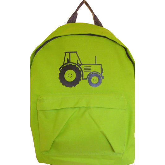 A lime green backpack with a carry hook and front pocket featuring a black printed tractor above the pocket