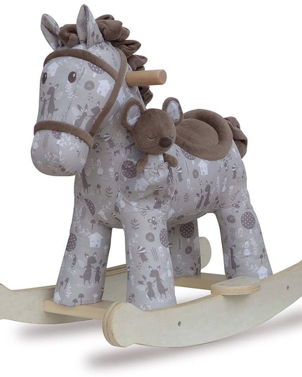 a cute fabric horse with brown bridle, saddle, mane and tail on wooden rockers with a soft toy mouse in a pocket on its shoulder