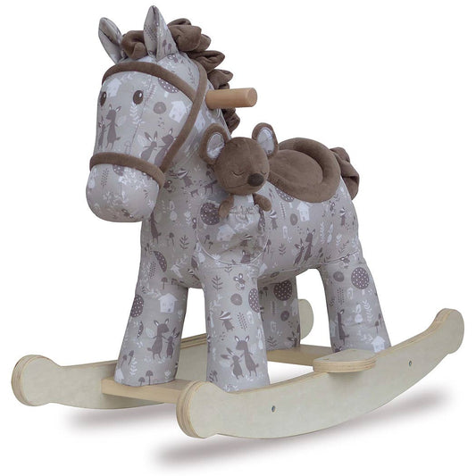 a cute fabric horse with brown bridle, saddle, mane and tail on wooden rockers with a soft toy mouse in a pocket on its shoulder