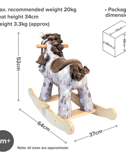 an image of a cute fabric rocking horse highlighting its dimensions of height 52cm, length 64cm and width 37cm.