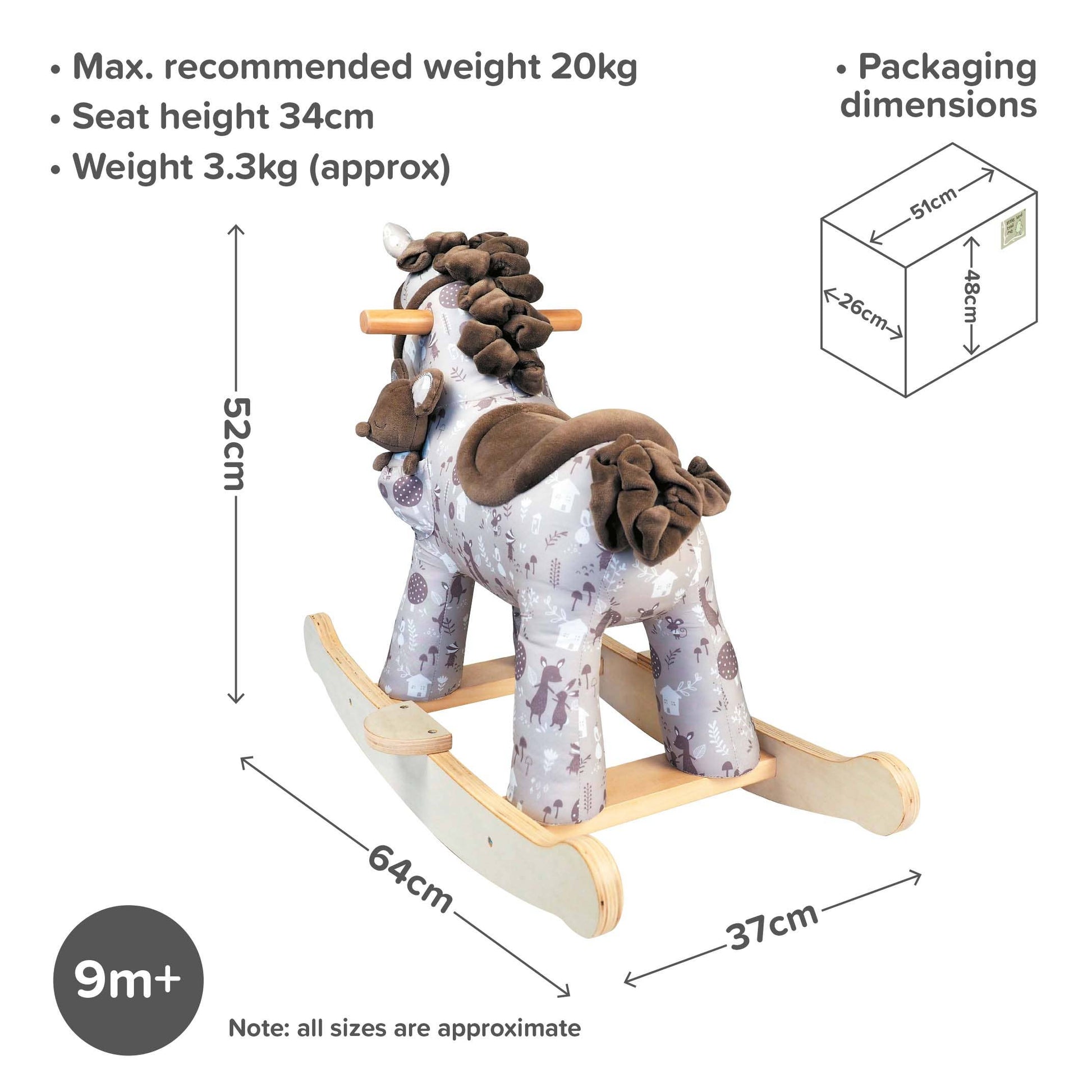 an image of a cute fabric rocking horse highlighting its dimensions of height 52cm, length 64cm and width 37cm.