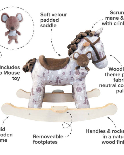 an image of a cute fabric rocking horse highlighting its special features: scrunchy mane and tail, wooden rockers, soft velour padded saddle and a soft toy mouse