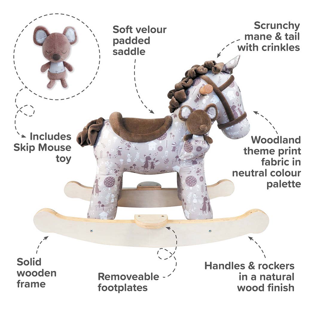 an image of a cute fabric rocking horse highlighting its special features: scrunchy mane and tail, wooden rockers, soft velour padded saddle and a soft toy mouse