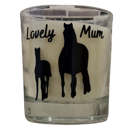 Scented Candle in Glass Container with Lovely Mum in black writing with a black horse and foal mother's day Design