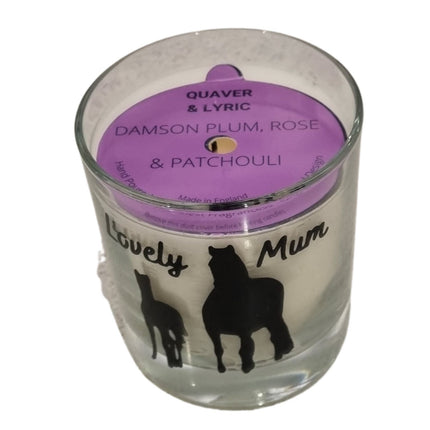 The Quaver&Lyric Scented Candle Glass Container Lovely Mum Horse Design features black horse and foal silhouettes, a purple lid, and Damson Plum, Rose & Patchouli scent—perfect as a Mothers Day gift.