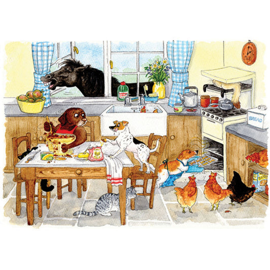 greeting card showing animals causing chaos in the farmhouse kitchen