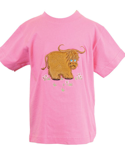 The Ramblers Highland Cow Embroidered T Shirt MacMoo Design for children is a pink short-sleeve 100% cotton tee featuring a cartoon highland cow on grass with small pink flowers.