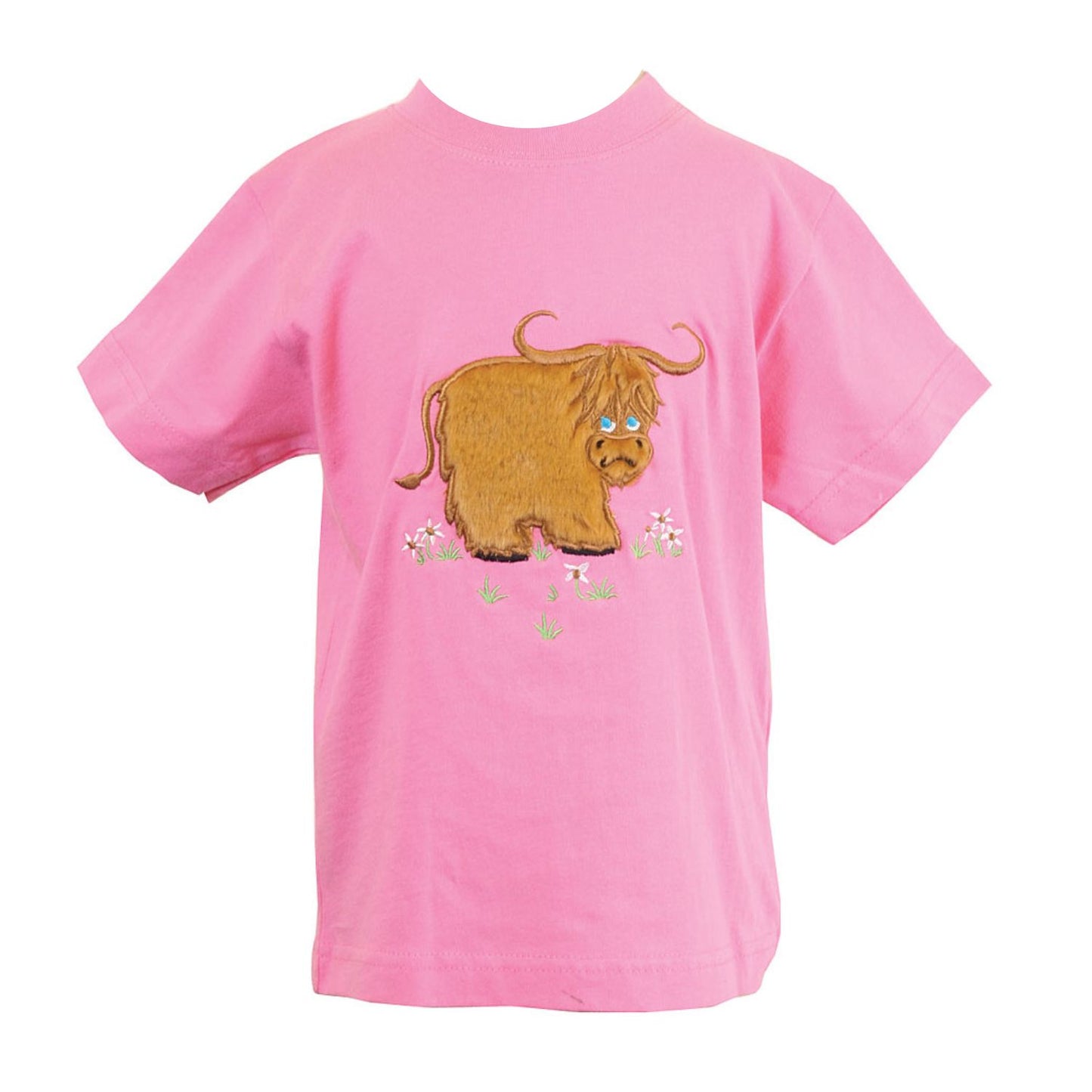 The Ramblers Highland Cow Embroidered T Shirt MacMoo Design for children is a pink short-sleeve 100% cotton tee featuring a cartoon highland cow on grass with small pink flowers.