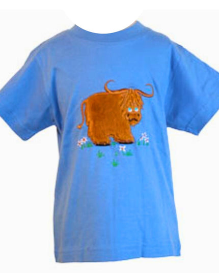 The Ramblers Highland Cow Embroidered T Shirt MacMoo Design for children is a blue 100% cotton short-sleeved tee featuring a cartoon brown highland cow standing on grass with pink and white flowers.