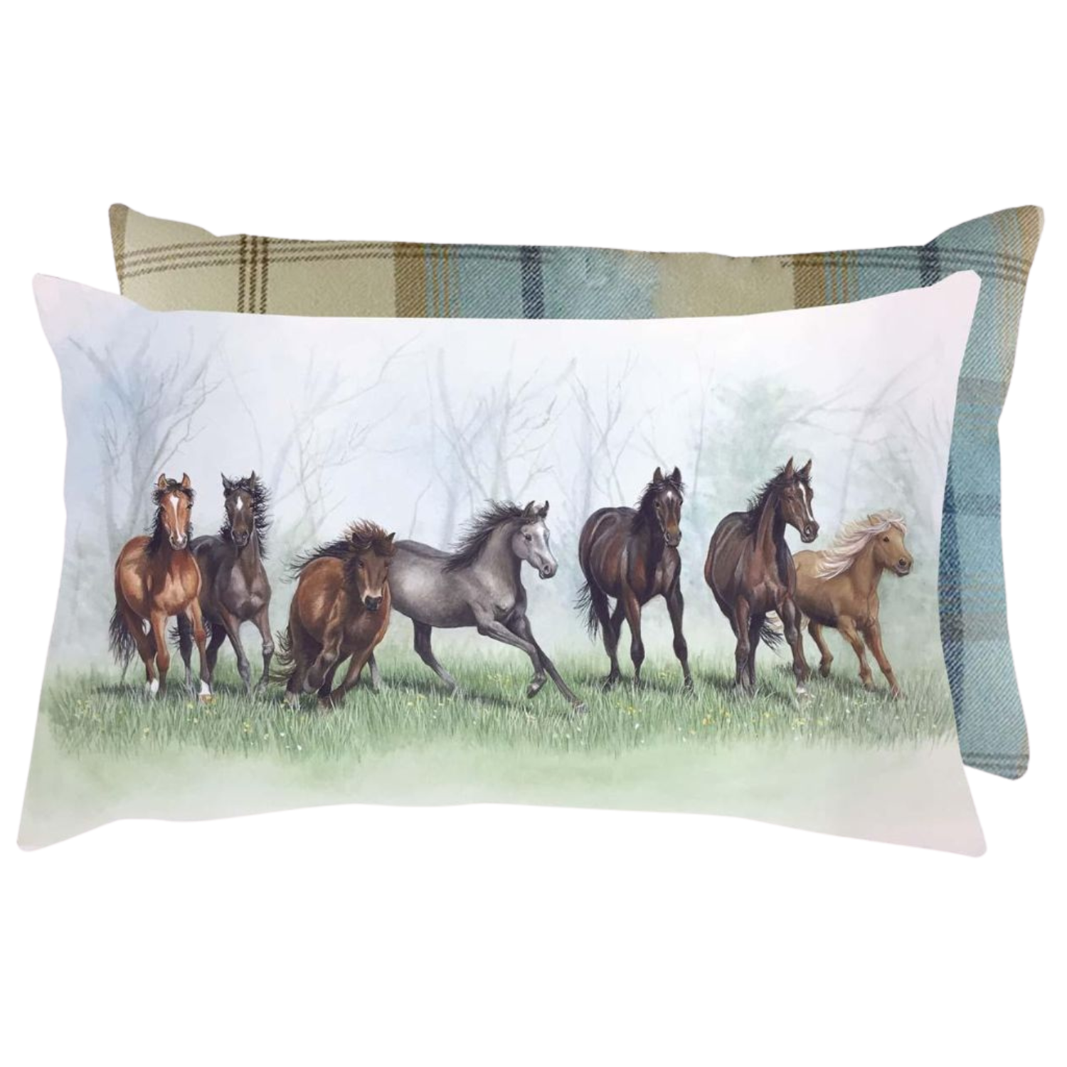 an oblong shaped cushion featuring a group of seven horses and ponies with a light blue and beige plaid reverse