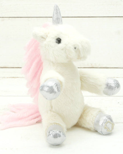 A cream cream plush unicorn with sparkly silver hooves and unicorn horn and a pink mane and tail.