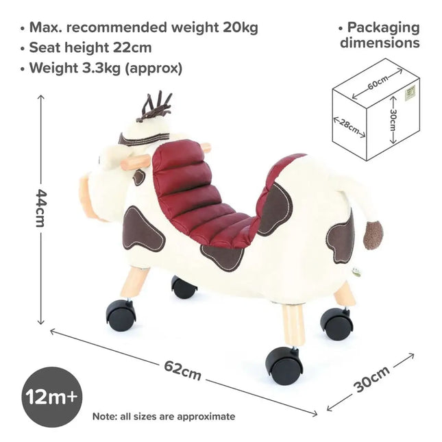 The Moobert Cow Ride On Toy by Little Bird Told Me UK is a plush wooden ride-on with wheels and a padded seat. Sized 62x30x44cm, it supports toddler development (ages 12m+, max 20kg). Packaging: 46x26x22cm.