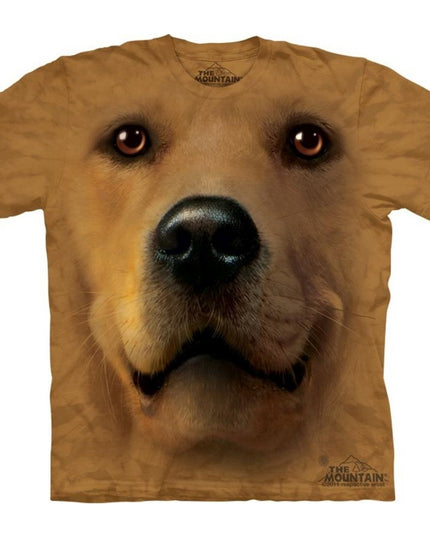 A golden coloured T shirt with short sleeves with a printed large dog face looking forwards on the front