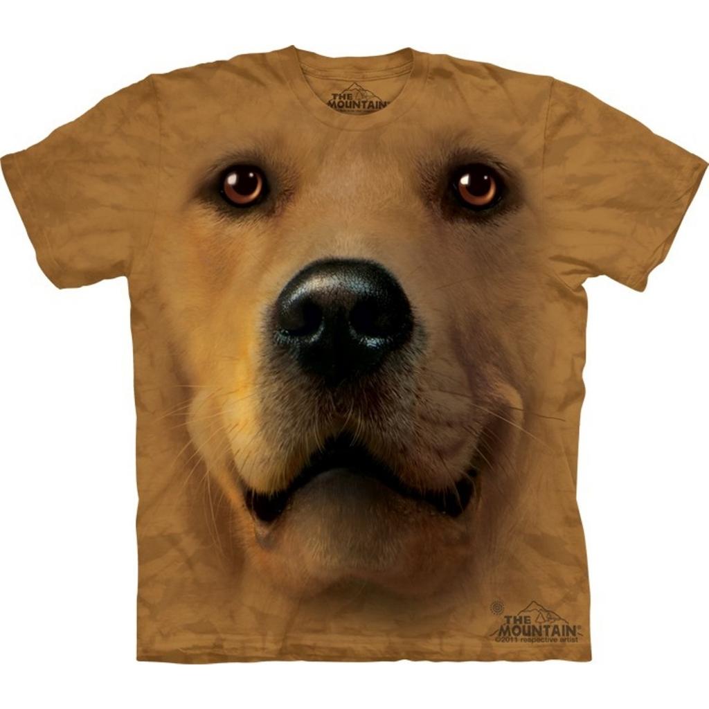 A golden coloured T shirt with short sleeves with a printed large dog face looking forwards on the front