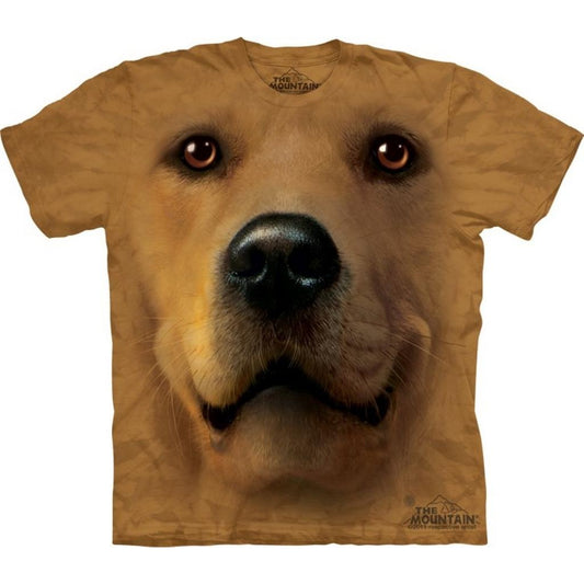 A golden coloured T shirt with short sleeves with a printed large dog face looking forwards on the front
