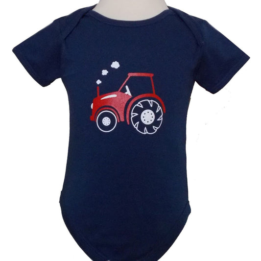 Short sleeve, round necked vest featuring a printed red tractor with white tyres