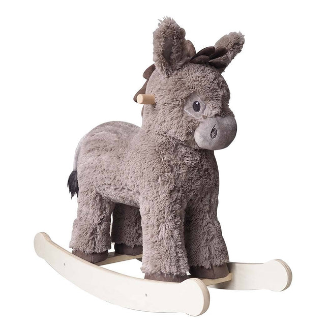 The Norbert Rocking Donkey by Little Bird Told Me UK is a plush gray childrens toy with a textured taupe coat, white wooden base, and brown handles—perfect for imaginative play and fun rides.
