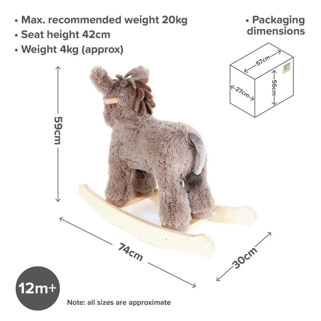 The Norbert Rocking Donkey by Little Bird Told Me UK features a textured taupe coat, wooden rockers, and measures 74x30x59cm with a 42cm seat height. Suitable for ages 12m+, max weight 20kg. Encourages imaginative play.
