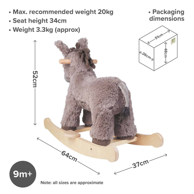 The Norbert Rocking Donkey by Little Bird Told Me UK features a textured taupe coat, wooden rockers and handles. Measures 64x37x52cm, seat height 34cm, max weight 20kg. Ideal for imaginative play for ages 9+ months. Packaging shown top right.