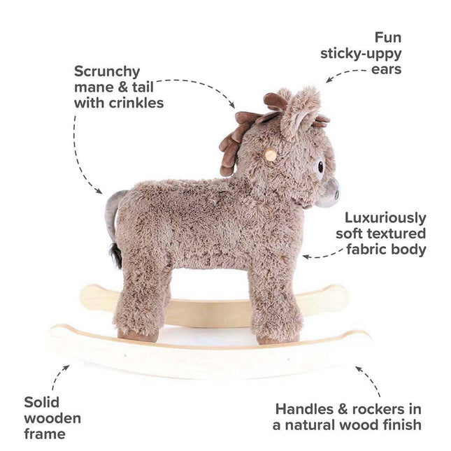 The Norbert Rocking Donkey by Little Bird Told Me UK is a plush children’s wooden toy, featuring a textured taupe coat, scrunchy mane and tail, sticky-up ears, and sturdy frame—perfect for imaginative play.