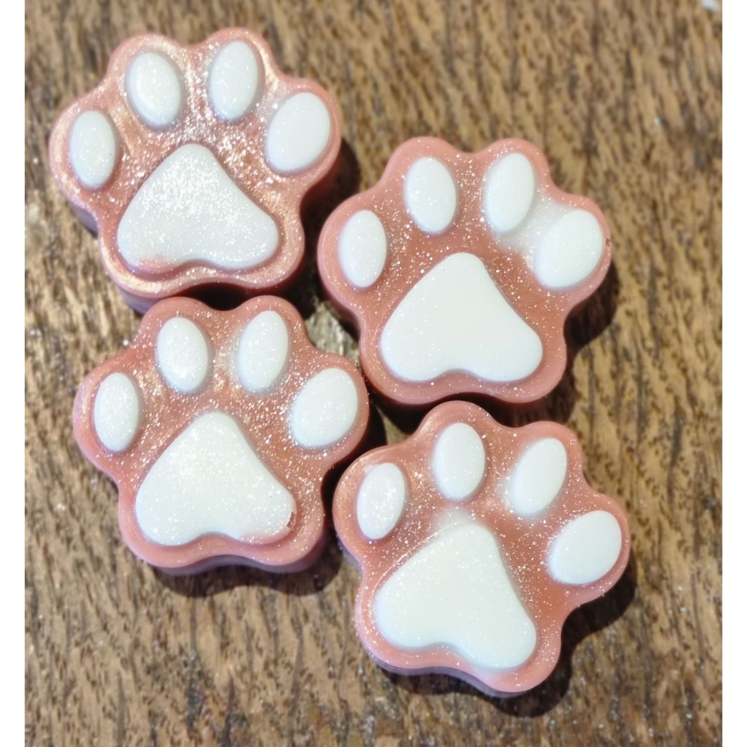 a group of four brick coloured paw shaped wax melts with white paw pads 