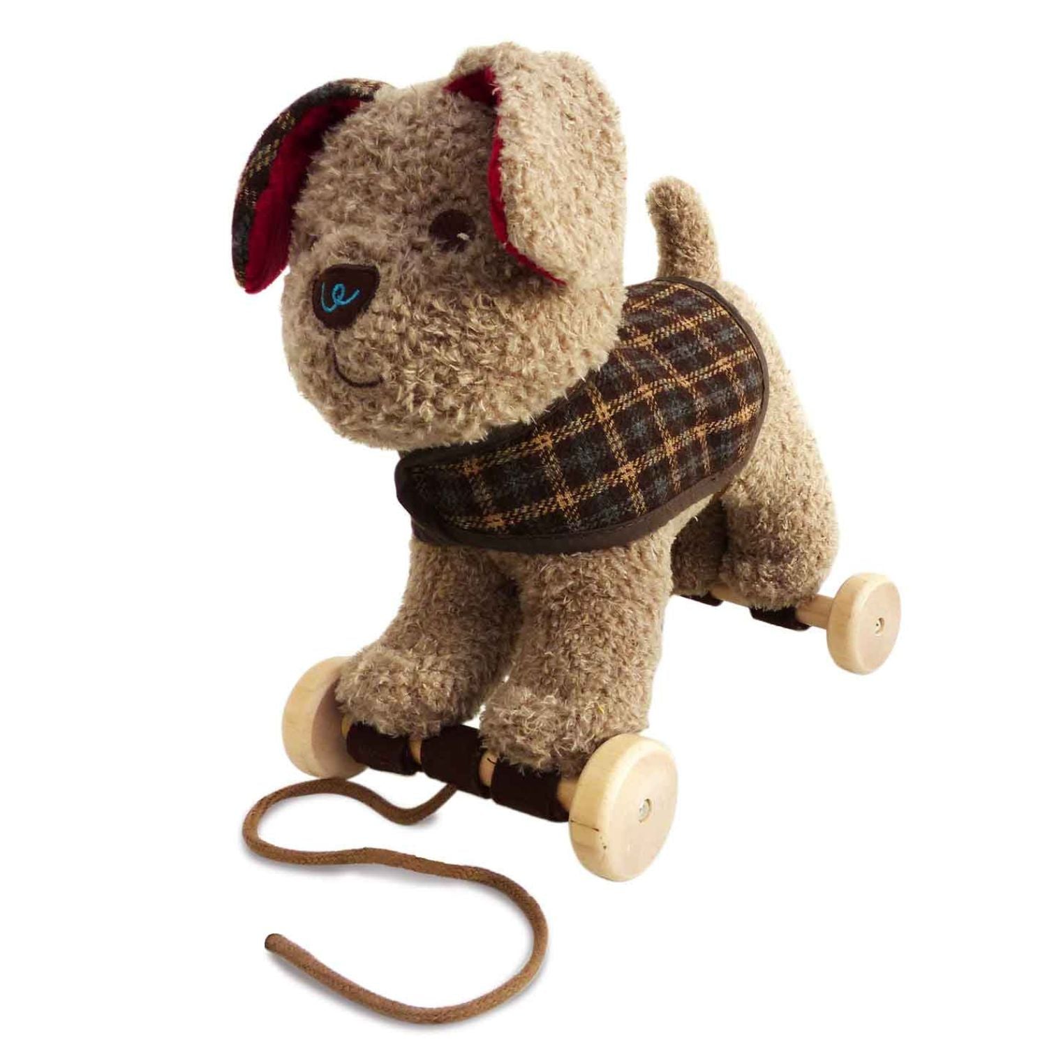 a cute cuddly beige coloured soft toy dog with a checked jacket on wheels to pull along