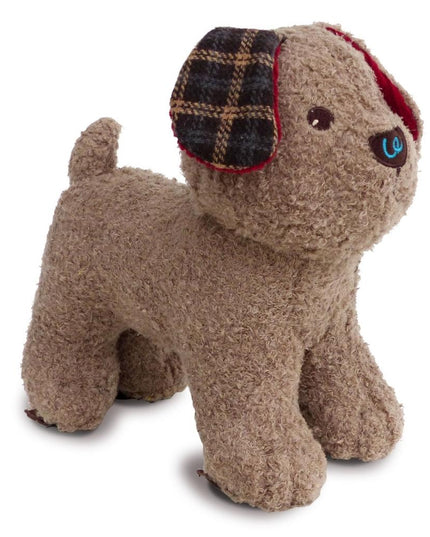 a cute  beige coloured soft toy puppy dog without his jacket with checked fabric ears