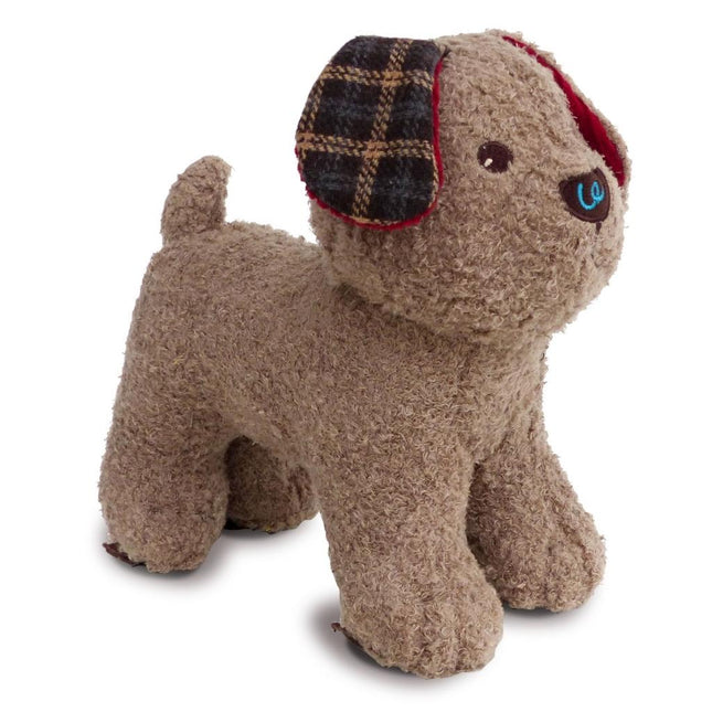 a cute  beige coloured soft toy puppy dog without his jacket with checked fabric ears