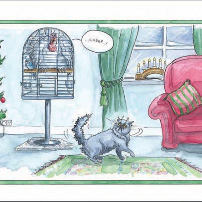 An Individual pet Christmas card by Alisons Animals. The card features a turkey hiding in a budgie cage. The cat walking by takes a double look.