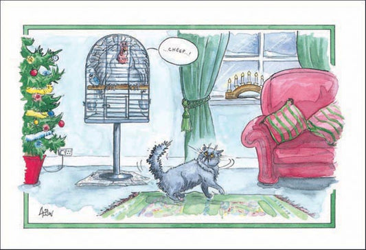 An Individual pet Christmas card by Alisons Animals. The card features a turkey hiding in a budgie cage. The cat walking by takes a double look.