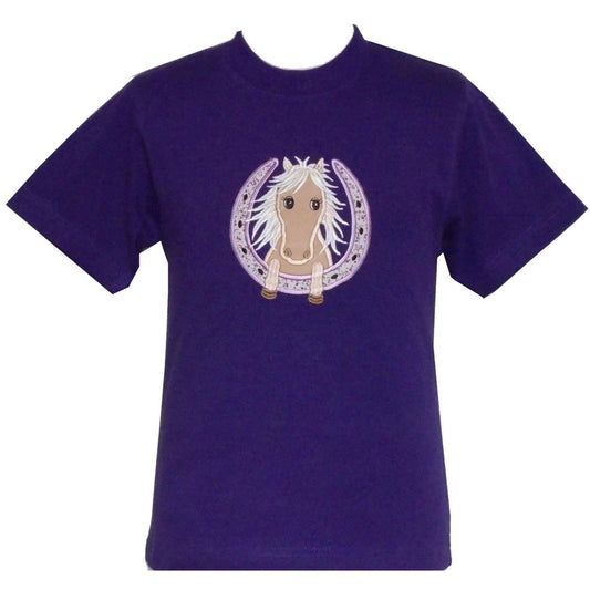 The British Country Collections Horse Embroidered T Shirt Childrens Purple Horseshoe features a cute cartoon horse with a light mane inside an embroidered horseshoe design on the chest.