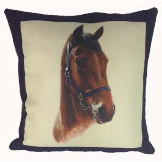 The Equestrian Bay Horse Cushion Grays Portraits Design by Grays 1922 features a bay horse’s head in a halter on a light background with a dark border—an elegant addition to any equestrian-themed home décor.