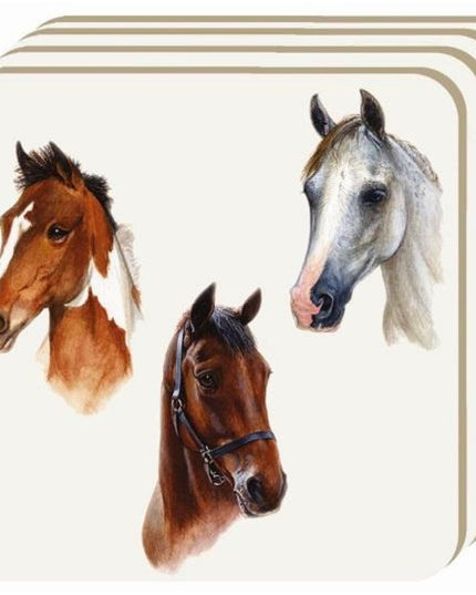 Add equestrian charm to your home with Grays 1922s Horse Coasters Portraits—this pack of 4 features horse head designs, including brown and white, white, and dark brown horses on a light background.