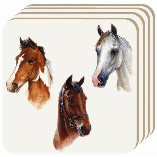 Add equestrian charm to your home with Grays 1922s Horse Coasters Portraits—this pack of 4 features horse head designs, including brown and white, white, and dark brown horses on a light background.