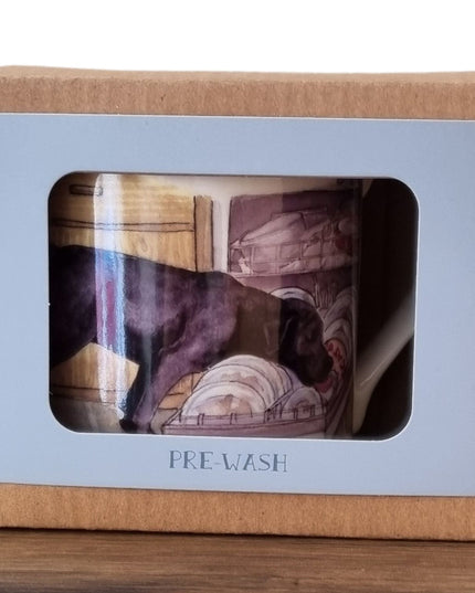 The Dog Mug Alisons Animals Pre-wash features a cute cartoon dog sniffing laundry, comes gift boxed with a window, and makes a perfect present for any dog lover. From the Alisons Animals brand.