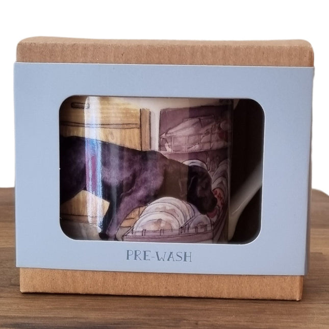 The Dog Mug Alisons Animals Pre-wash features a cute cartoon dog sniffing laundry, comes gift boxed with a window, and makes a perfect present for any dog lover. From the Alisons Animals brand.