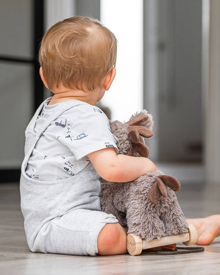 A toddler sits on a wooden floor, playing with the Pull Along Baby Toy Donkey Norbert by Little Bird Told Me UK. Facing away, the child wears a light romper and printed shirt, enjoying fun motor skills development.
