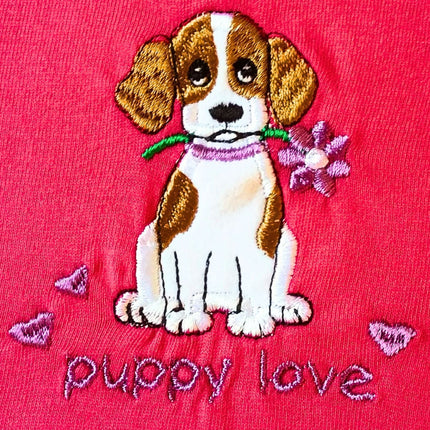 The British Country Collection Infant Dog T Shirt features a pink cotton fabric embroidered with a brown and white puppy, purple flower, three hearts, and puppy love designâ€”adorable and perfect for little ones.