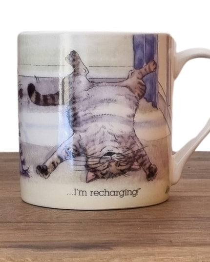 The Cat Mug Alisons Animals Re-charging Cartoon Gift Boxed by Alisons Animals features a relaxed tabby cat illustration with the words “…I’m recharging!”—a perfect gift for cat lovers.